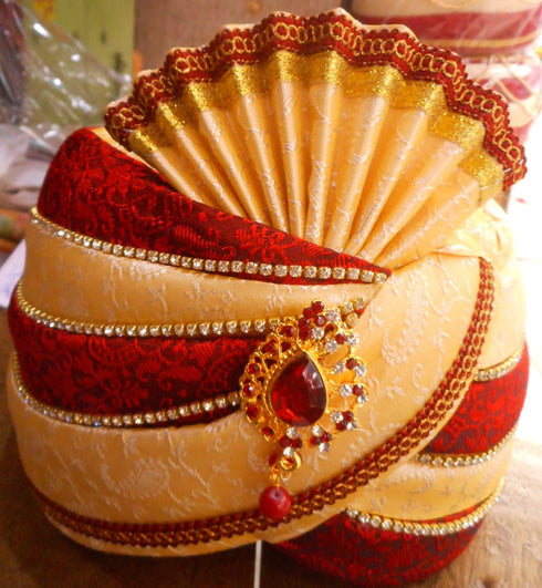 Cream Color Pagdi With Red And White Stones